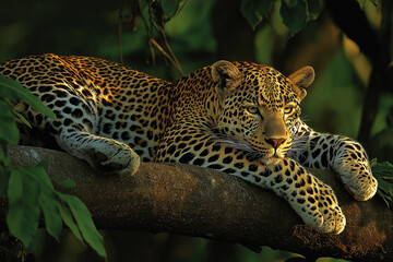 Naklejka premium A serene moment of a leopard resting on a tree branch in the jungle. The leopard’s relaxed posture and vibrant surroundings highlight the peaceful side of this powerful predator.