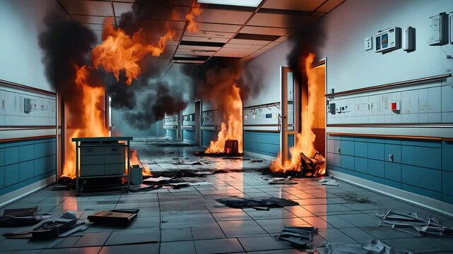 Burning Hospital Corridor with Flames, Smoke, and Scattered Debris Creating a Dramatic and Intense Emergency Scene

