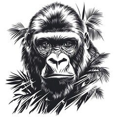 Obraz premium Detailed illustration of a gorilla among foliage.