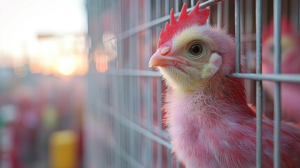 A Pink Chick Contemplating Sunset Through Cage Wires