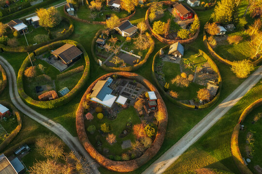 Aerial view of round gardens in Naerum, on the northern outskirts of Copenhagen, Denmark.