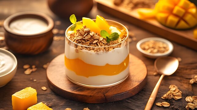 Mango parfait with layers of mango puree, yogurt, and granola, topped with fresh fruit for a tropical delight