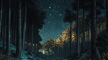 Naklejka premium Starry night sky over a dark forest path.