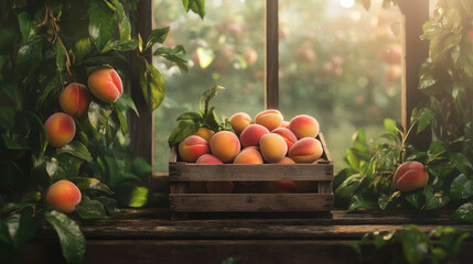 A basket of peaches sits on a wooden table