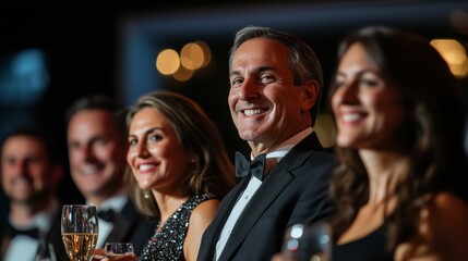 Smiling guests at formal event, champagne.