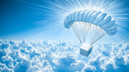 An illustration of a blank box parachute floating through a sky full of scattered clouds, with rays of sunlight piercing through, the mood is light, dreamy, and peaceful