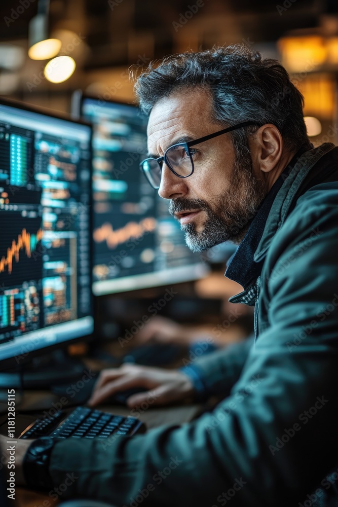 Aufkleber Software developer working on multiple computer screens with code and graphs