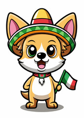 Obraz premium Lindo chihuahua con sombrero y sosteniendo una pequeña bandera mexicana.