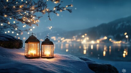 Serene winter scene illuminated by two glowing lanterns amidst a blanket of fresh snow.