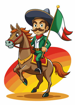Charro con traje tradicional, montado en un brioso caballo con la bandera mexicana en la mano.
