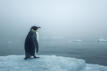 Fototapeta premium A solitary penguin gazing out over the icy Antarctic ocean, capturing the quiet beauty and isolation of life in the polar region, with icebergs drifting in the distance.