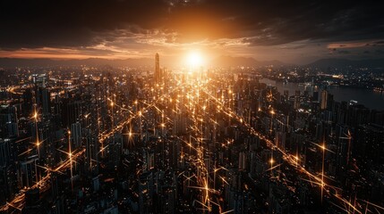 Fototapeta premium Illuminated Metropolis: A City at Sunset