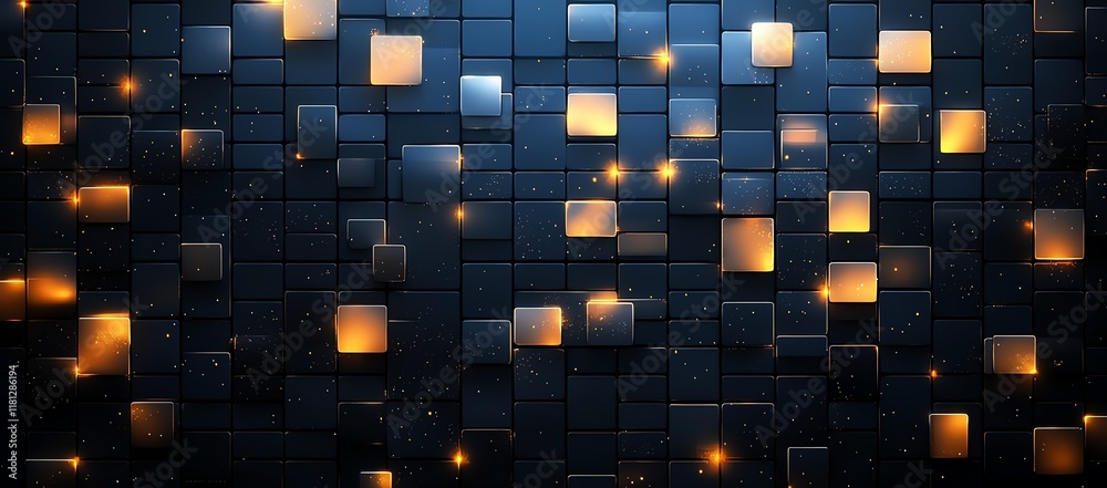 Poster this captivating image features a dynamic background of illuminated squares against a dark surface, 