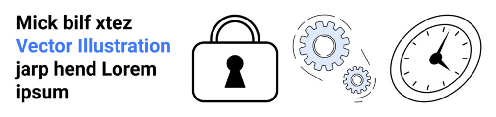 Lock, two gears, and clock visuals conveying security, progress, and time management. Ideal for technology, cybersecurity, efficiency, project management business operations productivity