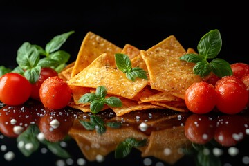 Delicious crispy tortilla chips with tomatoes and basil on black background
