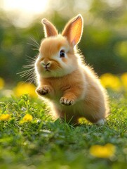 A cute, fluffy rabbit hopping through a field of yellow flowers in sunlight.