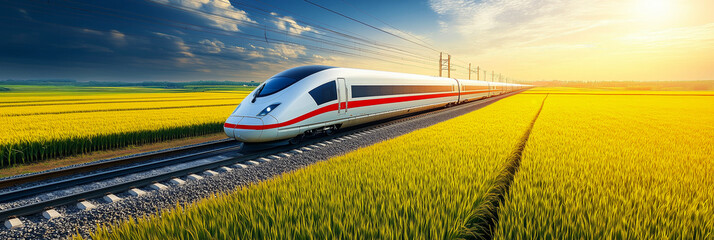 High-speed train traveling through golden fields at sunset, symbolizing speed, efficiency, and the beauty of travel