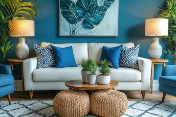 Minimalist home living room with plush sofa and high fidelity sound modern decor cozy vibes stylish...