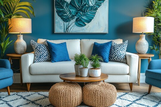 Minimalist home living room with plush sofa and high fidelity sound modern decor cozy vibes stylish environment