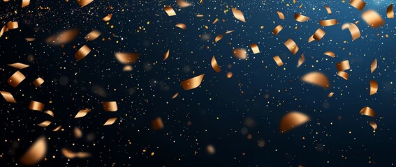A mesmerizing display of golden confetti falling against a dark blue background, creating a festive atmosphere perfect for celebrations, parties, and joyous occasions.