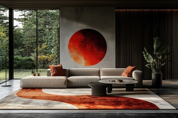 Elegant minimalist living room design with sleek sofa and large window modern home interior decor...