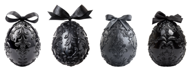 Ensemble de quatre œufs de Pâques noirs décoratifs avec motifs baroques et nœuds en satin noir sur fond transparent