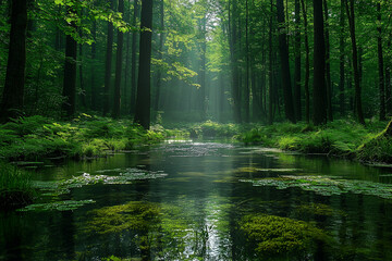 Fototapeta premium A vibrant, untouched forest with diverse flora and fauna, representing the beauty and importance of nature preservation. The sunlight filtering through the trees and the flowing river add to the seren