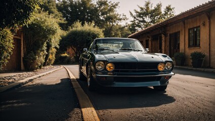 Fototapeta premium A vintage luxury car with a sleek, polished dark green body and yellow-tinted headlights is parked on a quiet, tree-lined street.