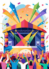 Obraz premium Crowd enjoying live music festival with bright stage lights and confetti in the air. Excited audience cheering at concert, celebrating with hands raised under colorful spotlights.