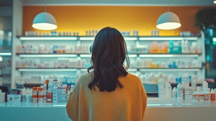 A woman with a hearing aid reading a prescription bottle near a hospital pharmacy counter shelves full of medications behind her bright overhead lighting