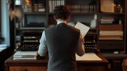 Man reviews document, vintage typewriter, wooden desk.