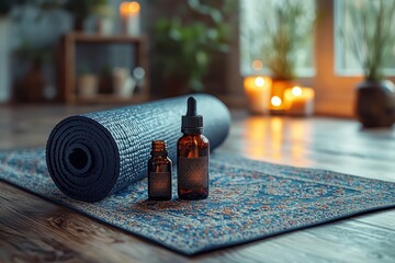Yoga essential oils flat lay on mat in cozy interior relaxation and wellness scene inviting atmosphere