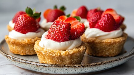 Almond flour and honey-based mini tarts filled with Greek yogurt and topped with fresh strawberries on a ceramic plate