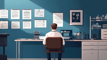 A man with Parkinson’s disease sitting in a consultation room looking at a medical chart on the doctor’s desk with medical equipment and certificates on the wall