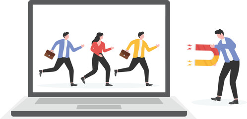 Hand with magnet and people in business clothes run to it, customer acquisition and marketing, HR concept.

