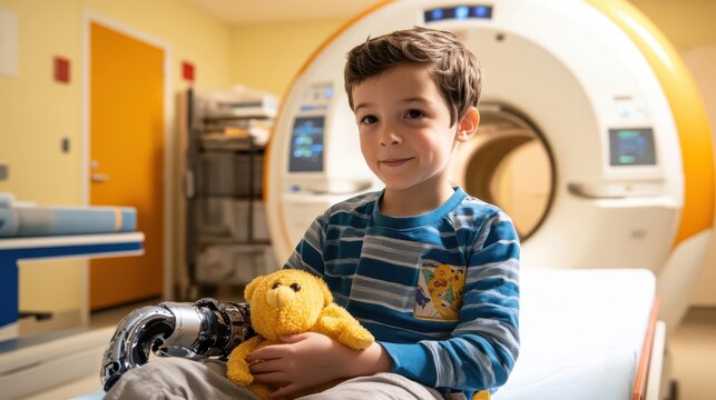 A young boy with a prosthetic arm holding a plush toy in a brightly lit hospital imaging center with a large MRI machine visible in the background