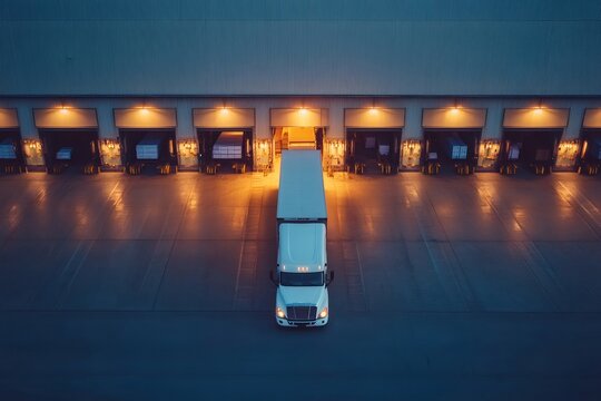 White semi-truck leaving distribution warehouse at night: aerial view