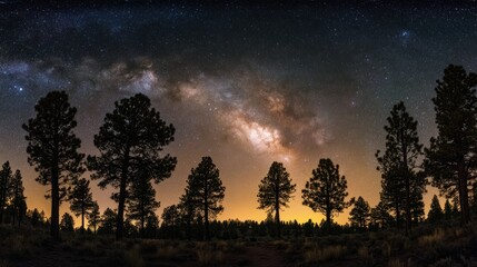 Fototapeta premium Majestic Milky Way galaxy arching over a silhouetted pine forest at night.