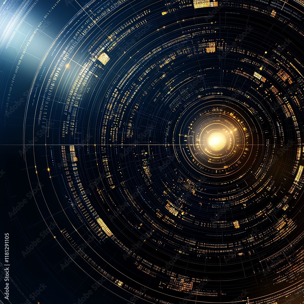 Poster an abstract representation of digital circuits and light patterns, depicting the convergence of data