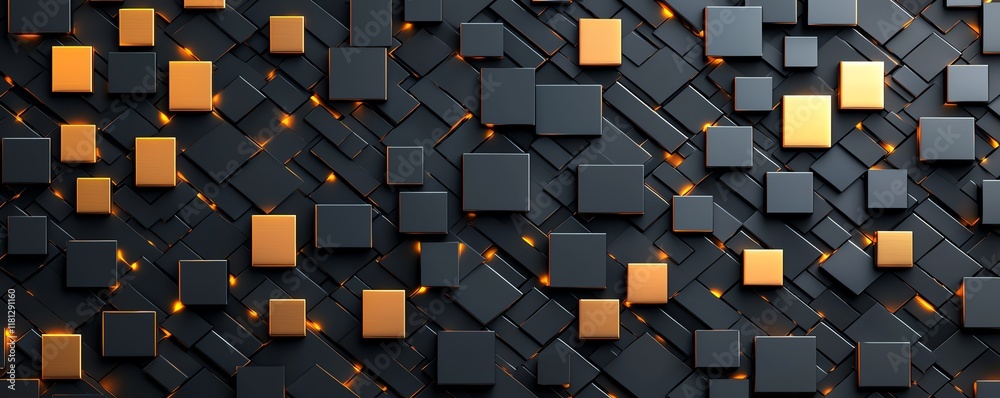 Poster a modern abstract background featuring a dynamic arrangement of black and gold squares, creating a v
