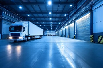 Fototapeta premium White truck entering distribution warehouse with loading docks