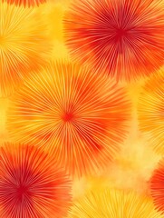 pattern of abstract sunburst shapes in orange, red, and yellow hues.