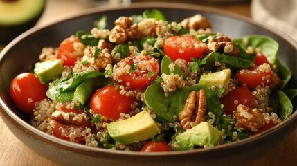 Bowl of nutrient-rich quinoa salad with spinach, cherry tomatoes, avocado, and walnuts, designed to support a balanced diet for expectant mothers