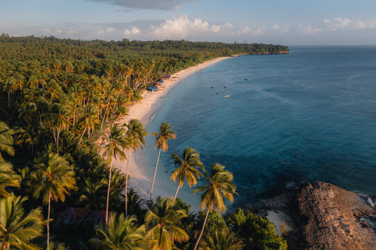 Aerial view of Mandel beach with palm trees and blue water, Totikum, Central Sulawesi, Indonesia.