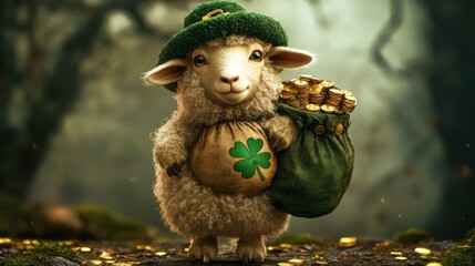 Fototapeta premium Cute Lamb with Pot of Gold in Enchanted Forest Scene for Irish St. Patrick's Day Holiday. Banner, poster with copy space