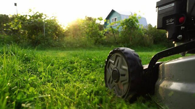 Woman with a lawnmower mows the lawn at the dacha