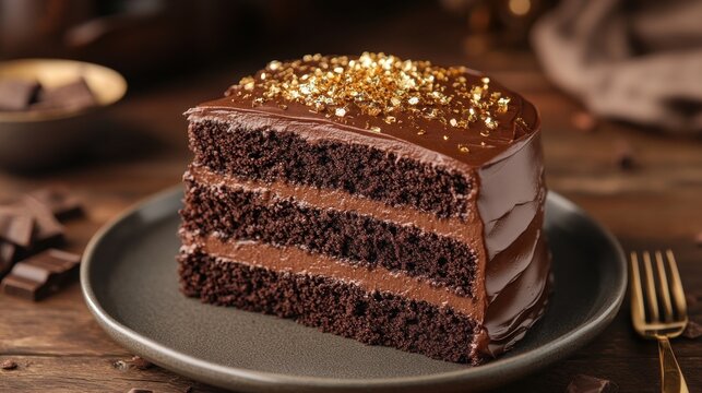 Chocolate fudge cake with a creamy chocolate ganache layer, garnished with edible gold flakes and a fork beside the plate