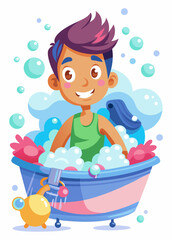 Teenager taking a bath with bubbles and bath toys, relaxing in bathtub, enjoying warm water, hygiene and self-care routine.
