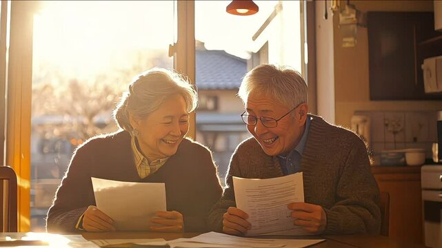 Japanese senior couple rejoices after reading a letter on Respect for the Aged Day