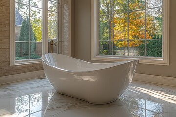 Modern freestanding bathtub in an elegant bathroom with large windows and autumn foliage outside